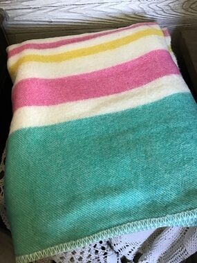 Vintage Striped WoolBlanket — Pink, Yellow, Green